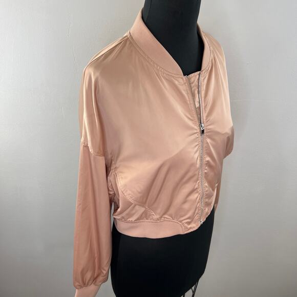 ZARA Pink Satin Full-Zip Cropped Bomber Jacket 3427/010 Drop Shoulder Relaxed M - Picture 3 of 6